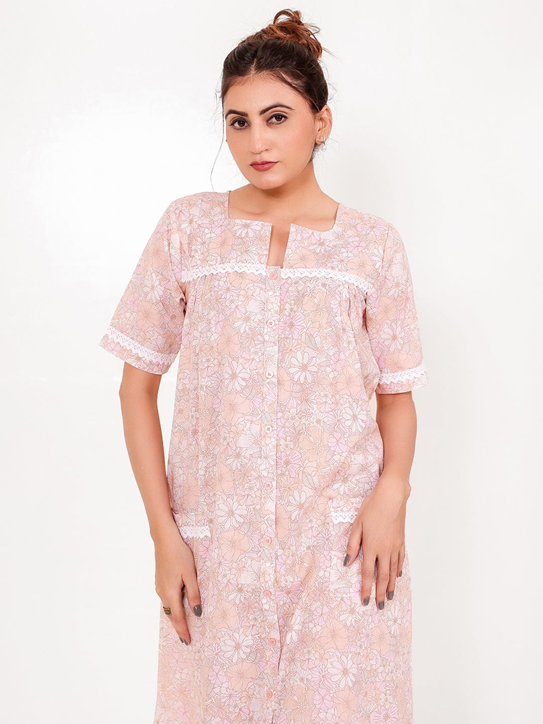 The Kaftan Company Nightdress Floral Peach Cotton Nightdress with Button Front