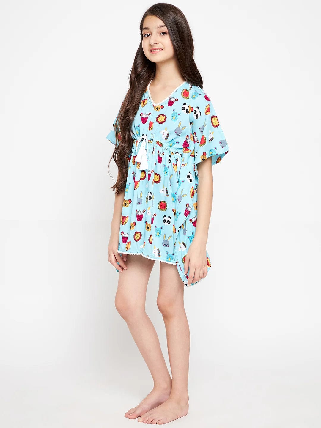 The Kaftan Company Nightdress Girls Blue Doodled Animal Print Nightdress
