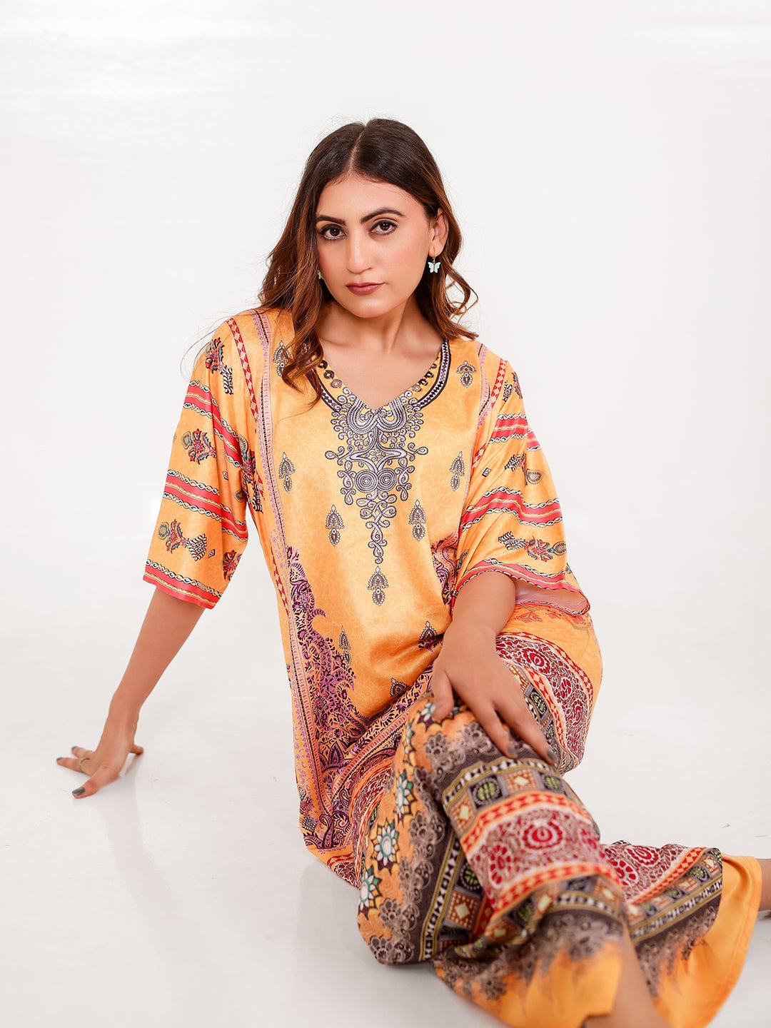 The Kaftan Company Nightdress Golden Motif Satin Printed Nightdress