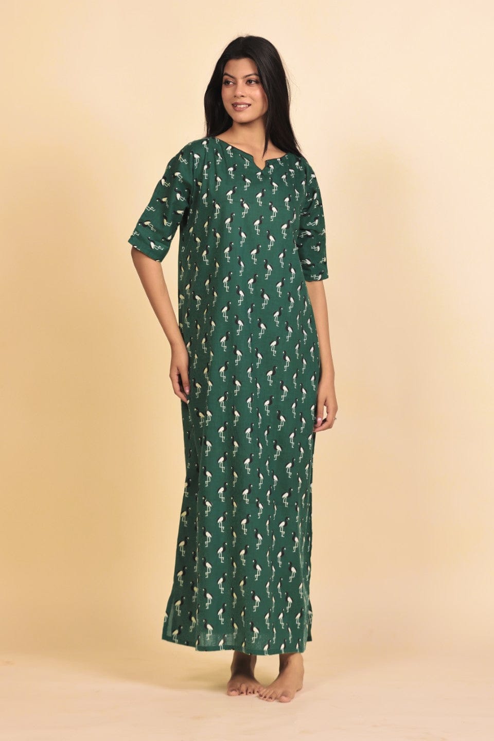 The Kaftan Company Nightdress Green Bird Print Cotton Nightdress