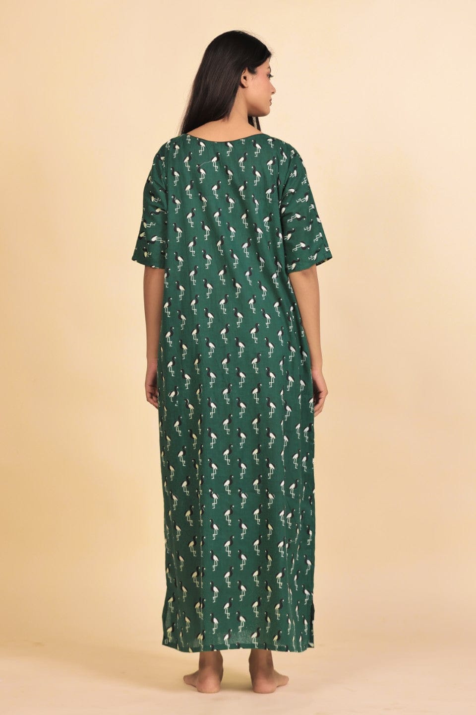 The Kaftan Company Nightdress Green Bird Print Cotton Nightdress