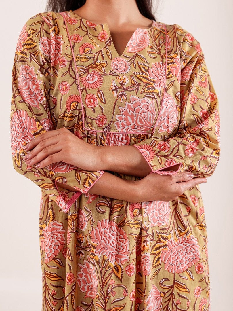 The Kaftan Company Nightdress Green Floral Printed Cotton Nightdress