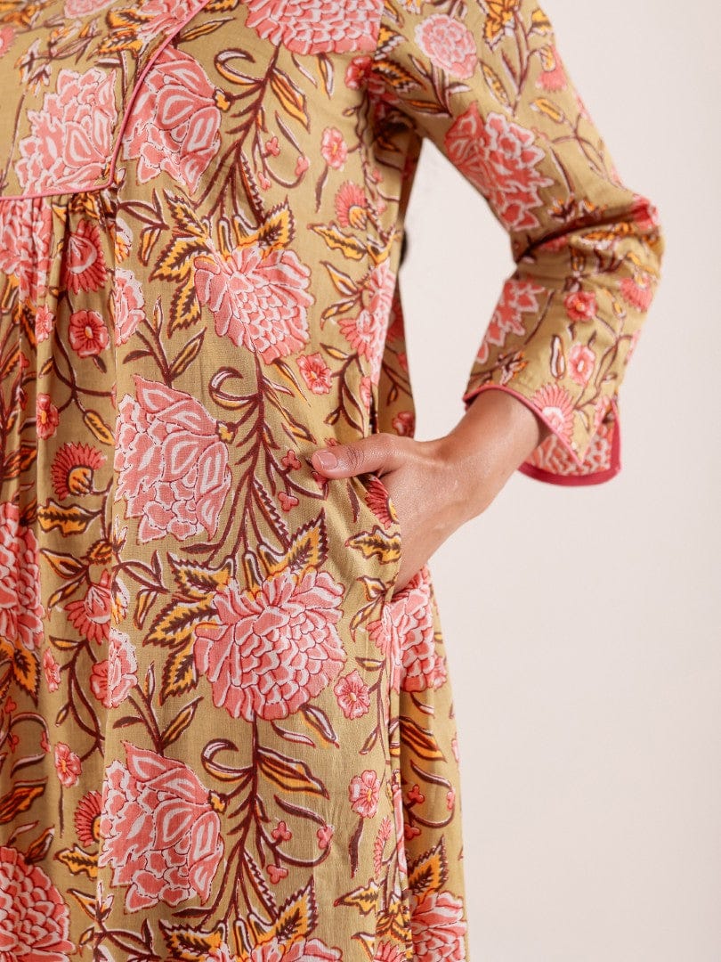 The Kaftan Company Nightdress Green Floral Printed Cotton Nightdress