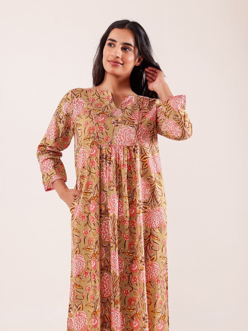 The Kaftan Company Nightdress Green Floral Printed Cotton Nightdress