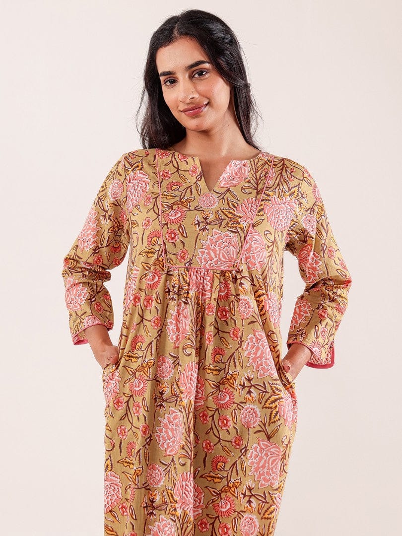 The Kaftan Company Nightdress Green Floral Printed Cotton Nightdress