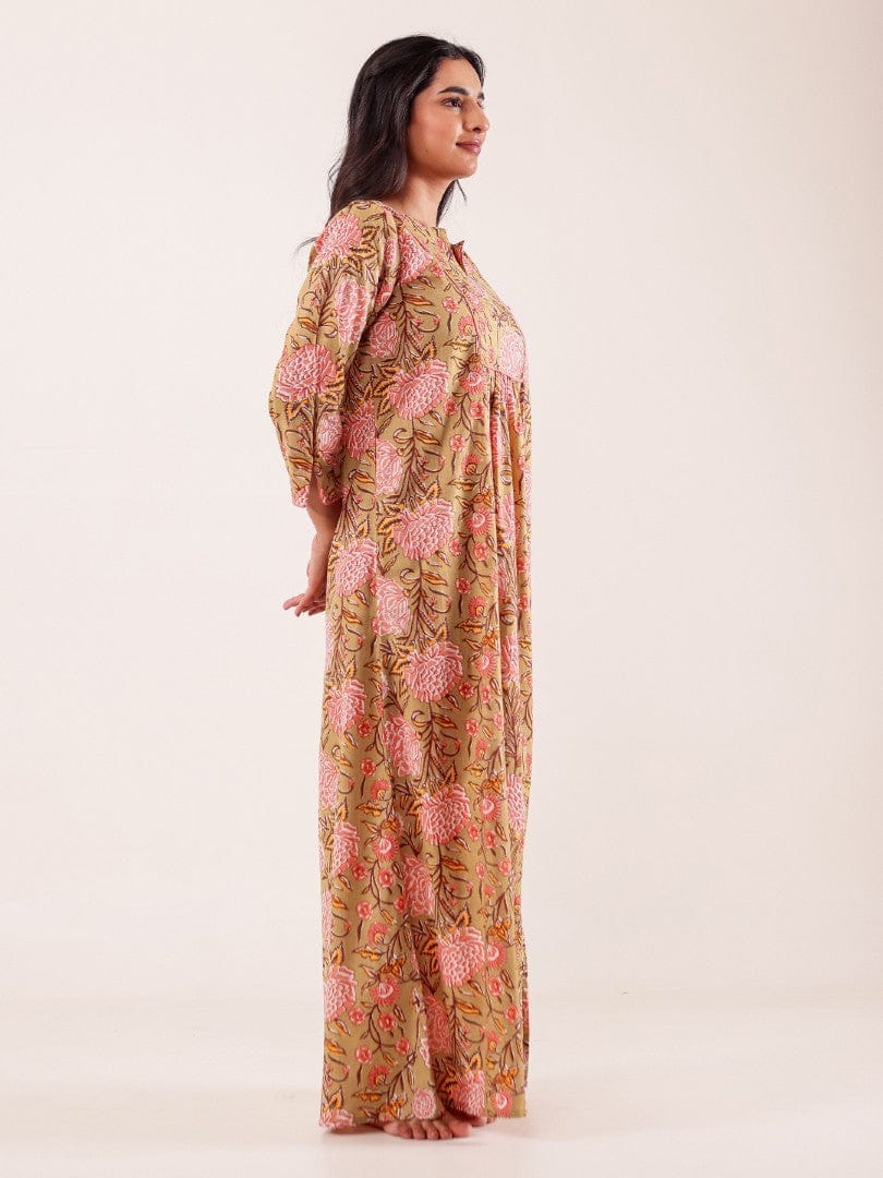 The Kaftan Company Nightdress Green Floral Printed Cotton Nightdress