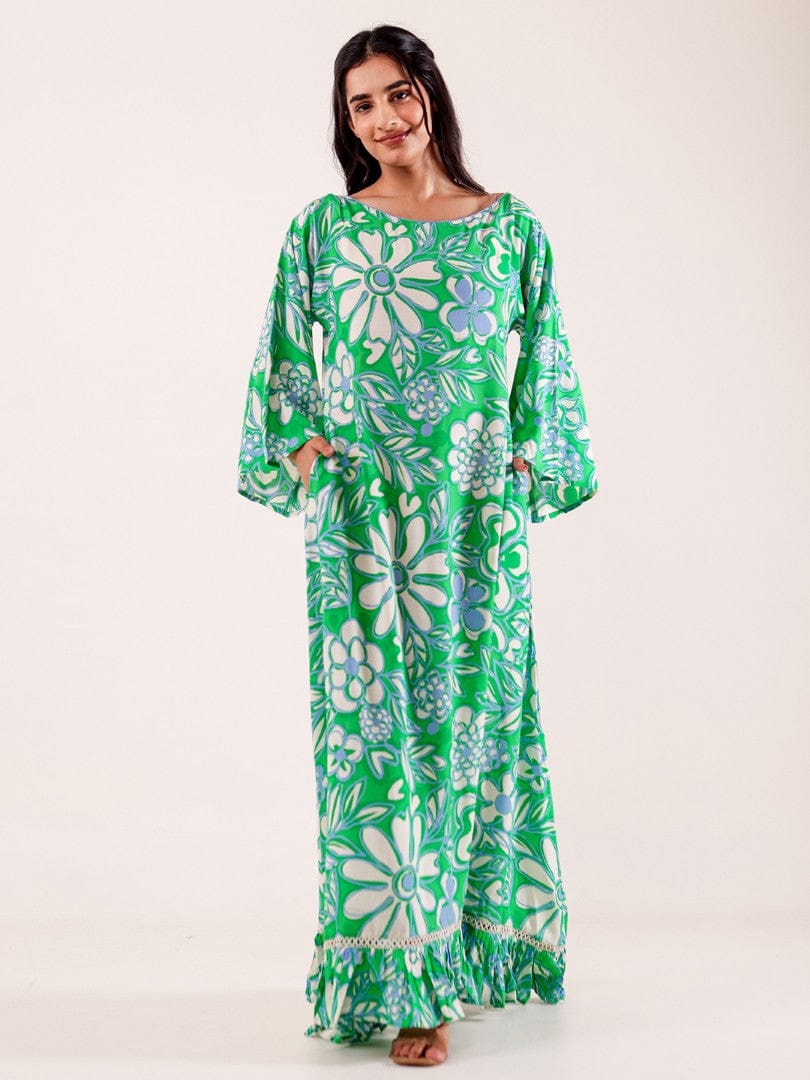 The Kaftan Company Nightdress Green Floral Printed Modal Nightdress