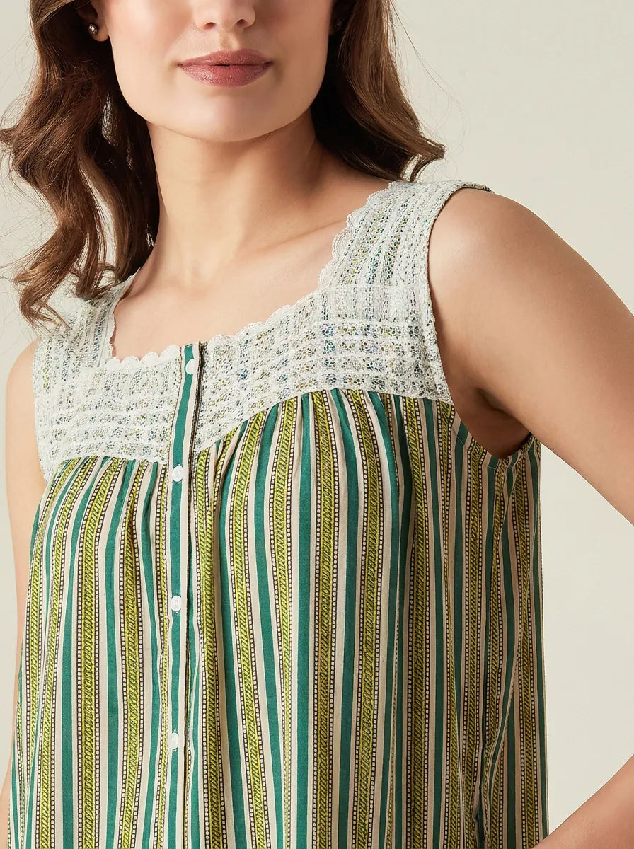 The Kaftan Company Nightdress Green Striped Cotton Maxi Nightdress with Crochet Yoke