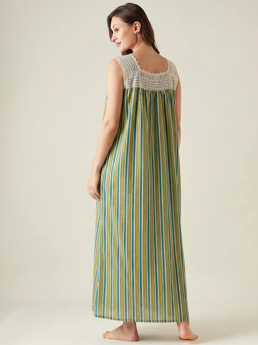 The Kaftan Company Nightdress Green Striped Cotton Maxi Nightdress with Crochet Yoke