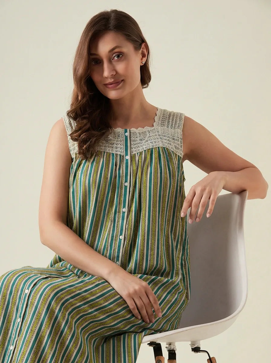 The Kaftan Company Nightdress Green Striped Cotton Maxi Nightdress with Crochet Yoke