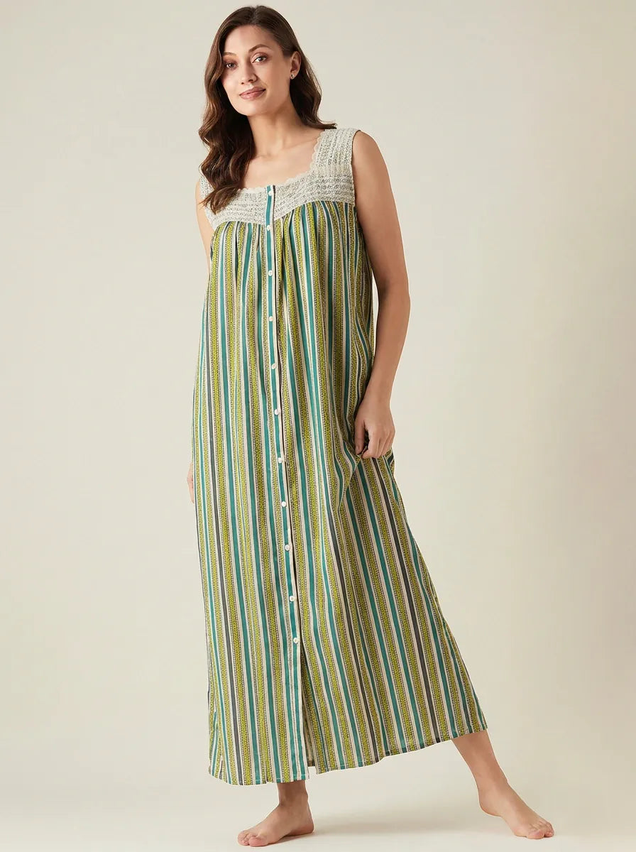 The Kaftan Company Nightdress Green Striped Cotton Maxi Nightdress with Crochet Yoke