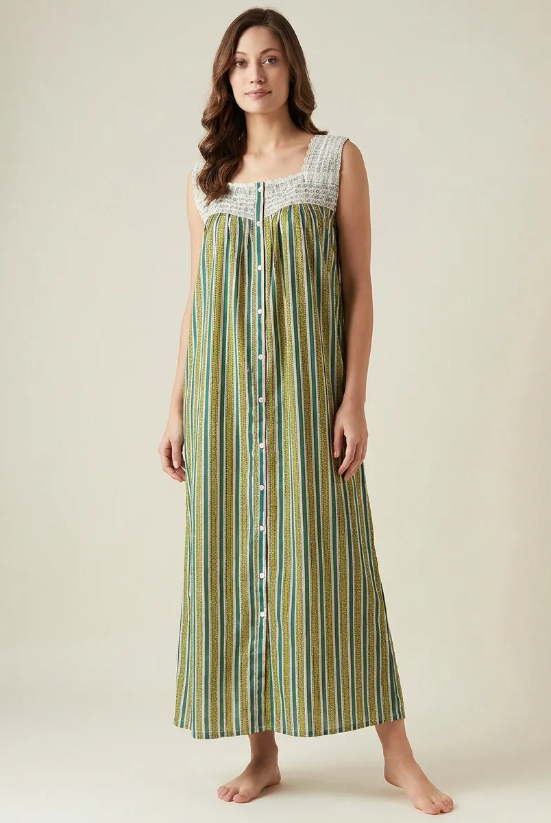 The Kaftan Company Nightdress Green Striped Cotton Maxi Nightdress with Crochet Yoke