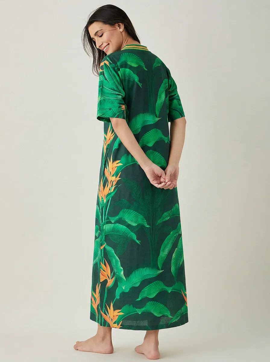 The Kaftan Company Nightdress Green Tropical Palm Print Cotton Maxi Nightdress with Pockets
