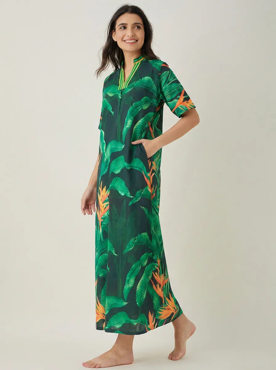 The Kaftan Company Nightdress Green Tropical Palm Print Cotton Maxi Nightdress with Pockets