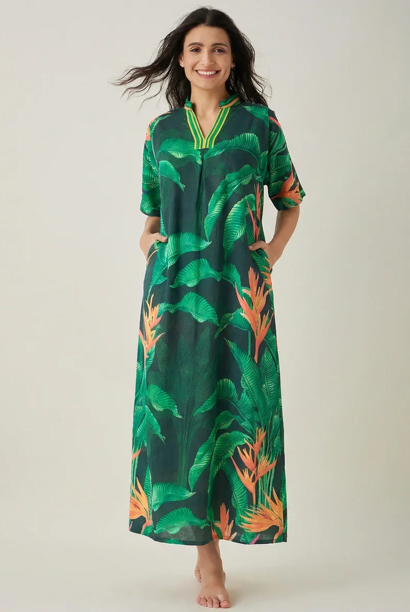 The Kaftan Company Nightdress Green Tropical Palm Print Cotton Maxi Nightdress with Pockets