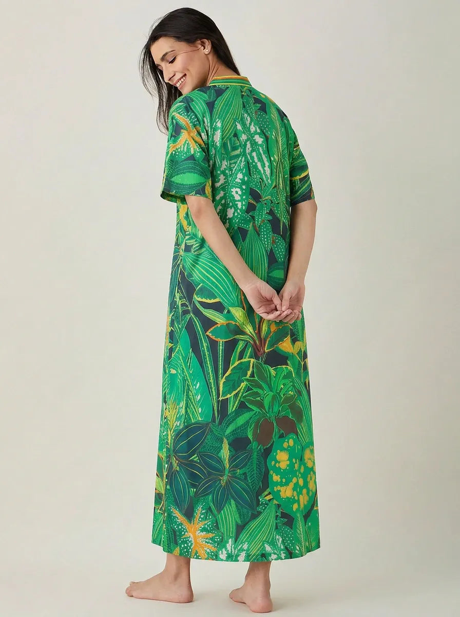 The Kaftan Company Nightdress Green Tropical Print Cotton Maxi Nightdress with Striped V-Neck