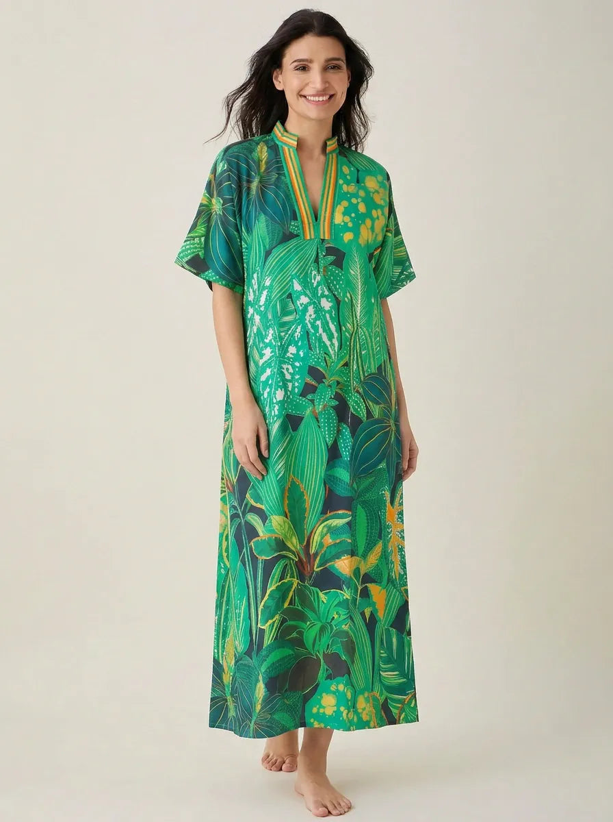 The Kaftan Company Nightdress Green Tropical Print Cotton Maxi Nightdress with Striped V-Neck