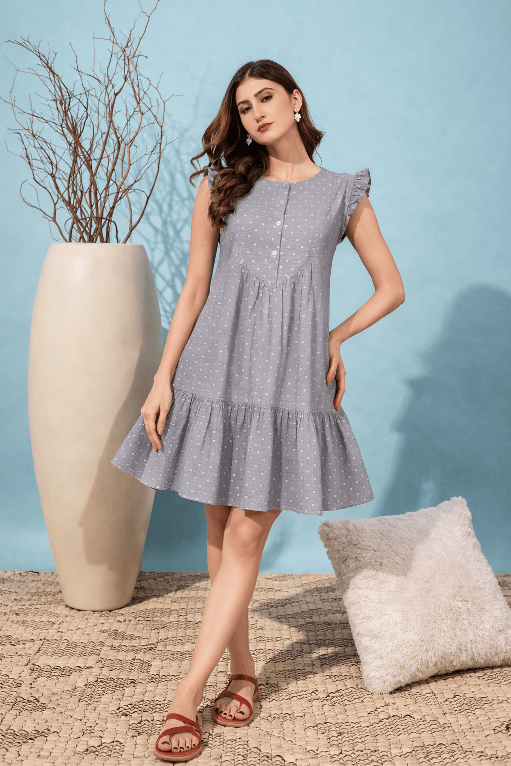 The Kaftan Company Nightdress Grey Dobby Cotton Short Nightdress with Ruffle Hem