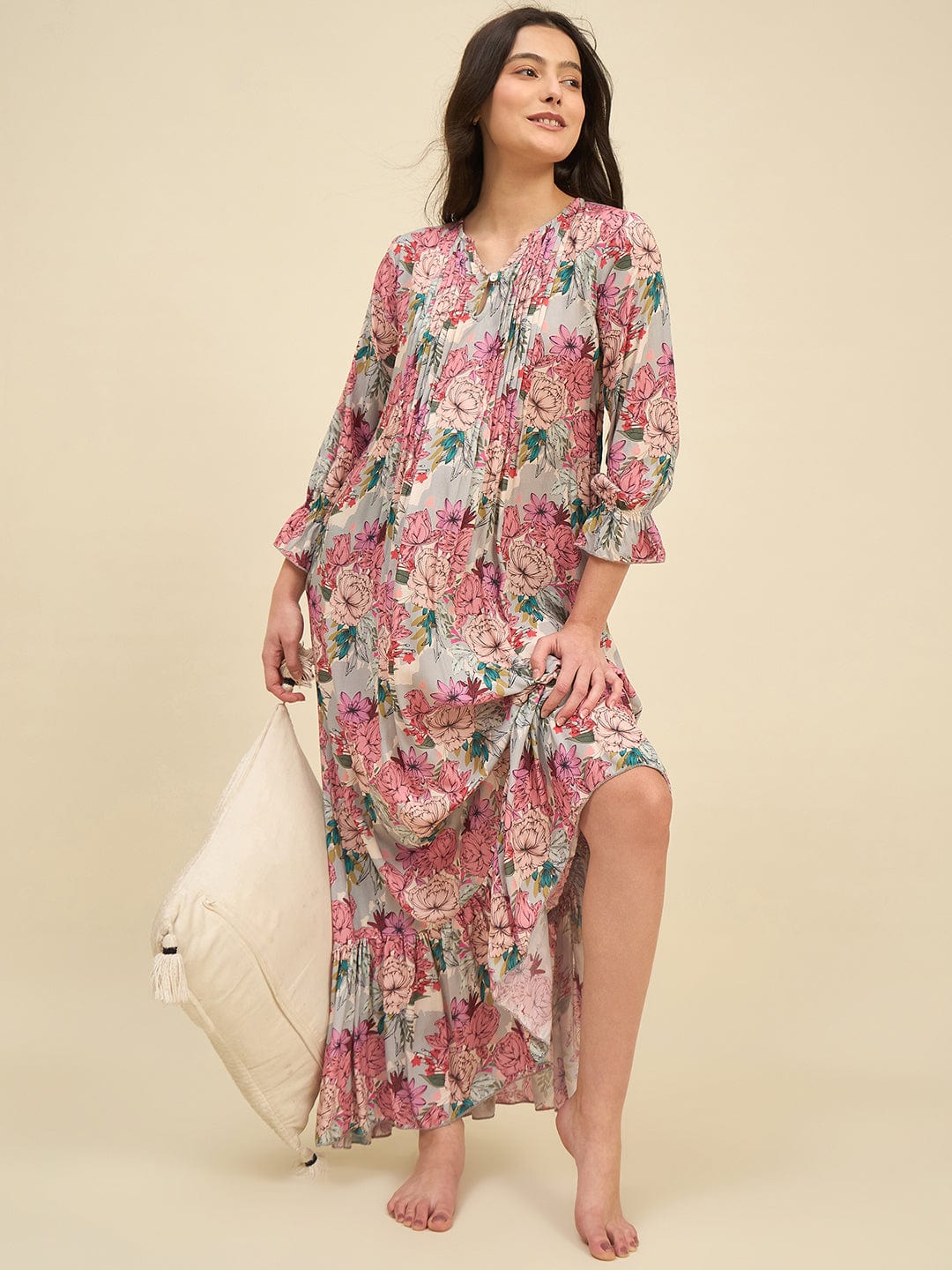 The Kaftan Company Nightdress Grey Floral Modal Nightdress with Pintuck Front & Ruffled Hem