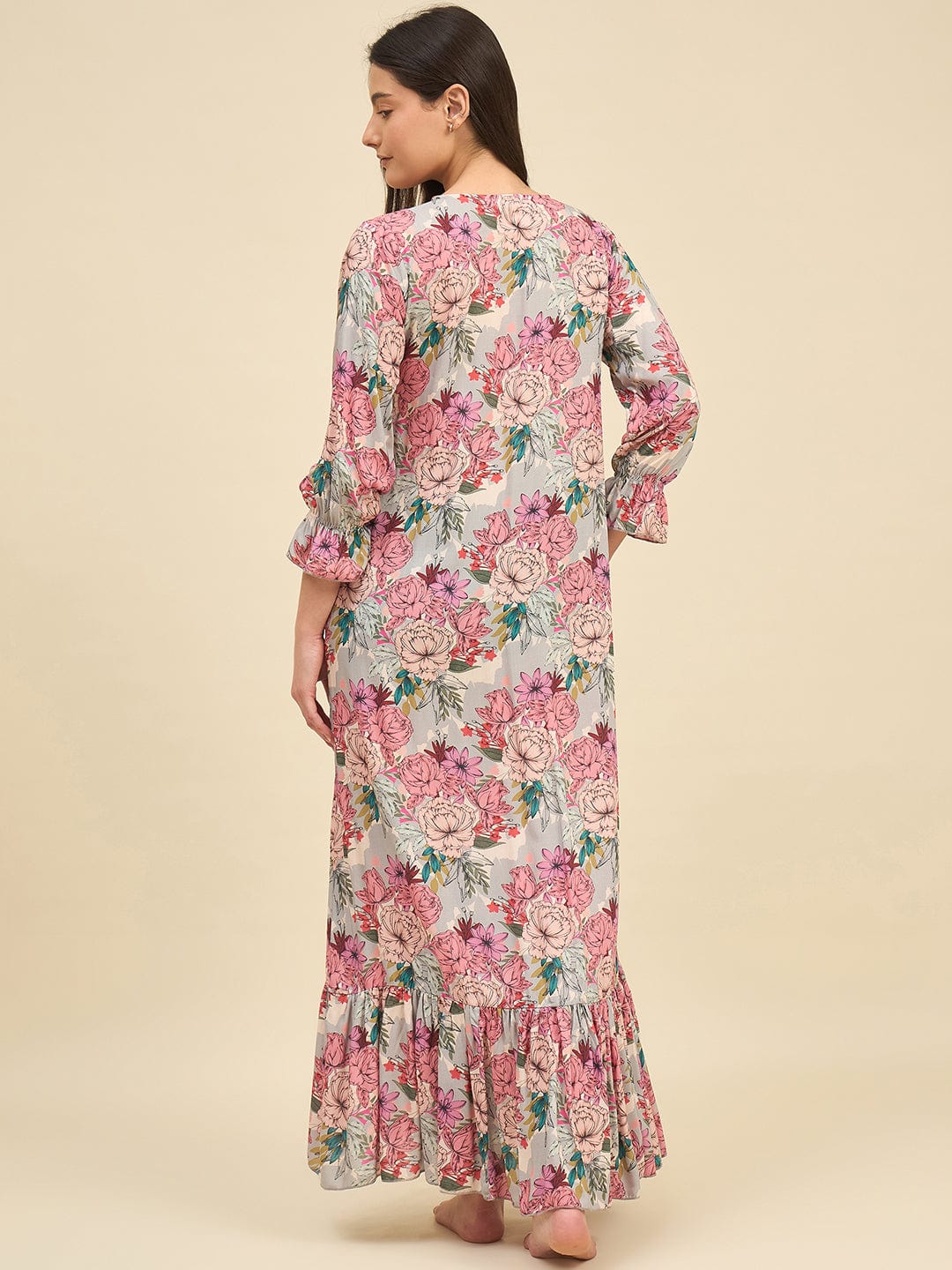 The Kaftan Company Nightdress Grey Floral Modal Nightdress with Pintuck Front & Ruffled Hem