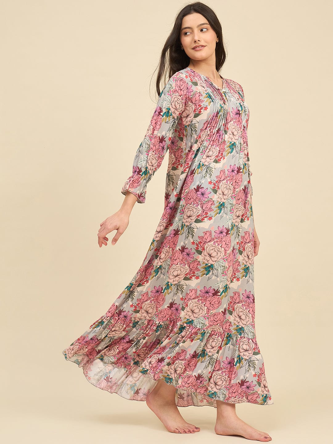 The Kaftan Company Nightdress Grey Floral Modal Nightdress with Pintuck Front & Ruffled Hem