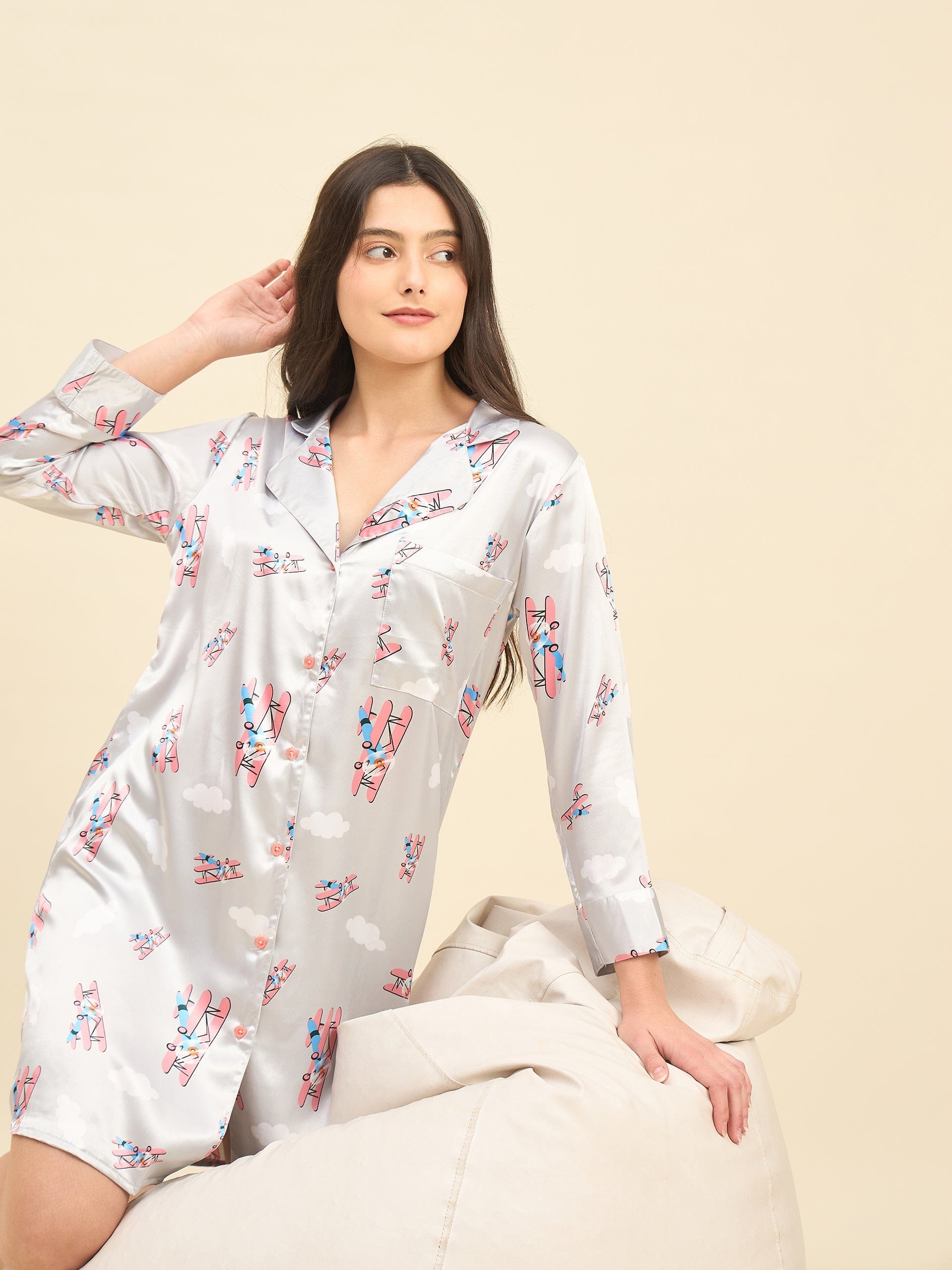 The Kaftan Company Nightdress Grey Printed Satin Sleepshirt – Bridal Intimare Collection