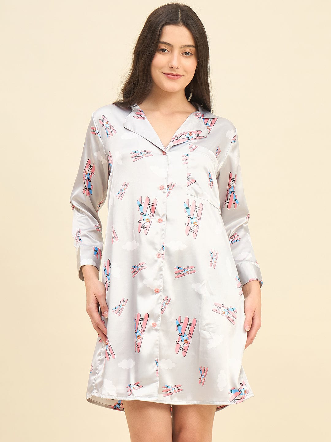 The Kaftan Company Nightdress Grey Printed Satin Sleepshirt – Bridal Intimare Collection