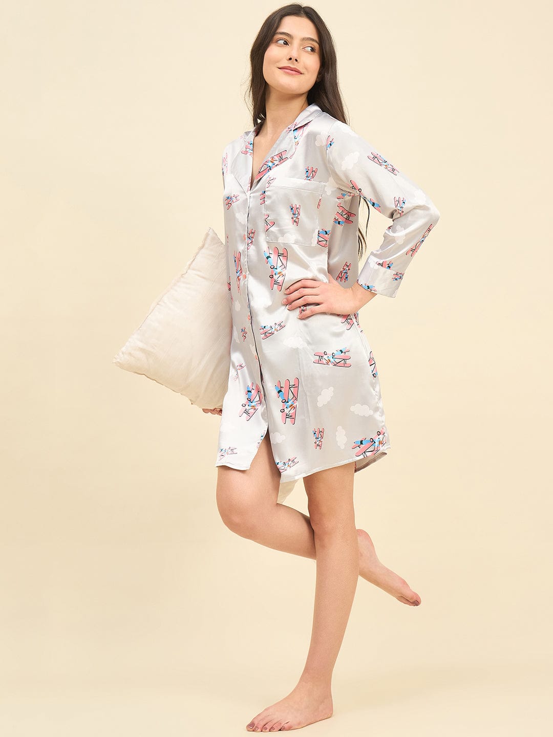 The Kaftan Company Nightdress Grey Printed Satin Sleepshirt – Bridal Intimare Collection