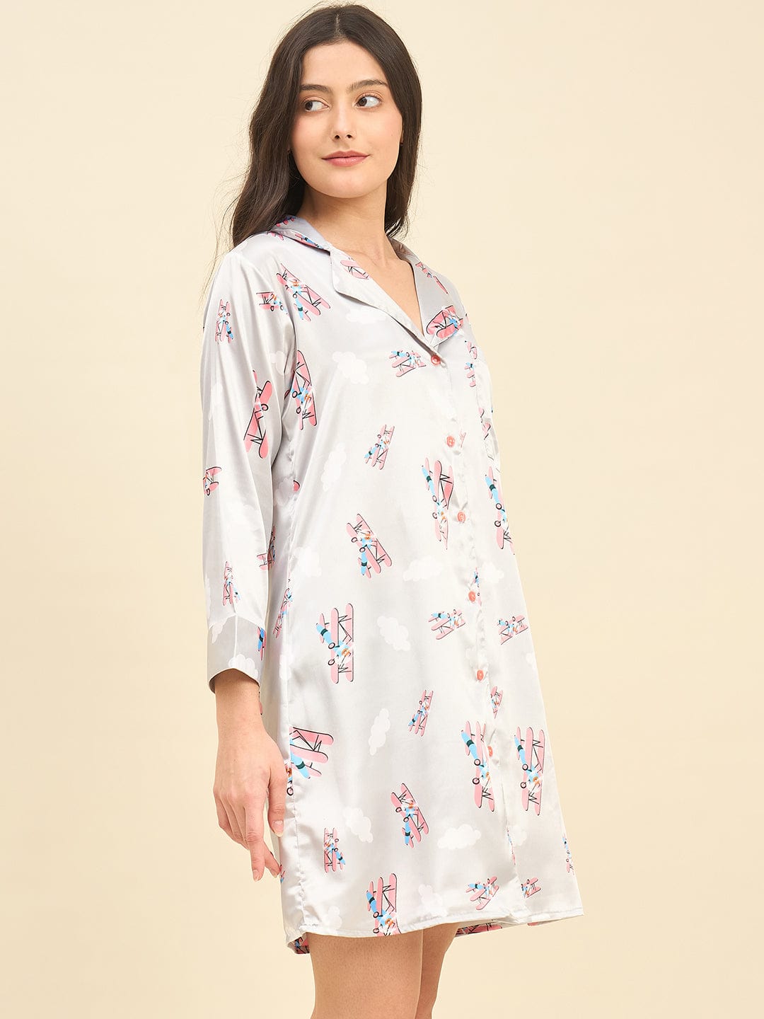 The Kaftan Company Nightdress Grey Printed Satin Sleepshirt – Bridal Intimare Collection