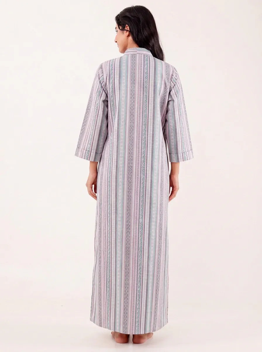 The Kaftan Company Nightdress Grey Striped Cotton Maxi Nightdress with Three-Quarter Sleeves