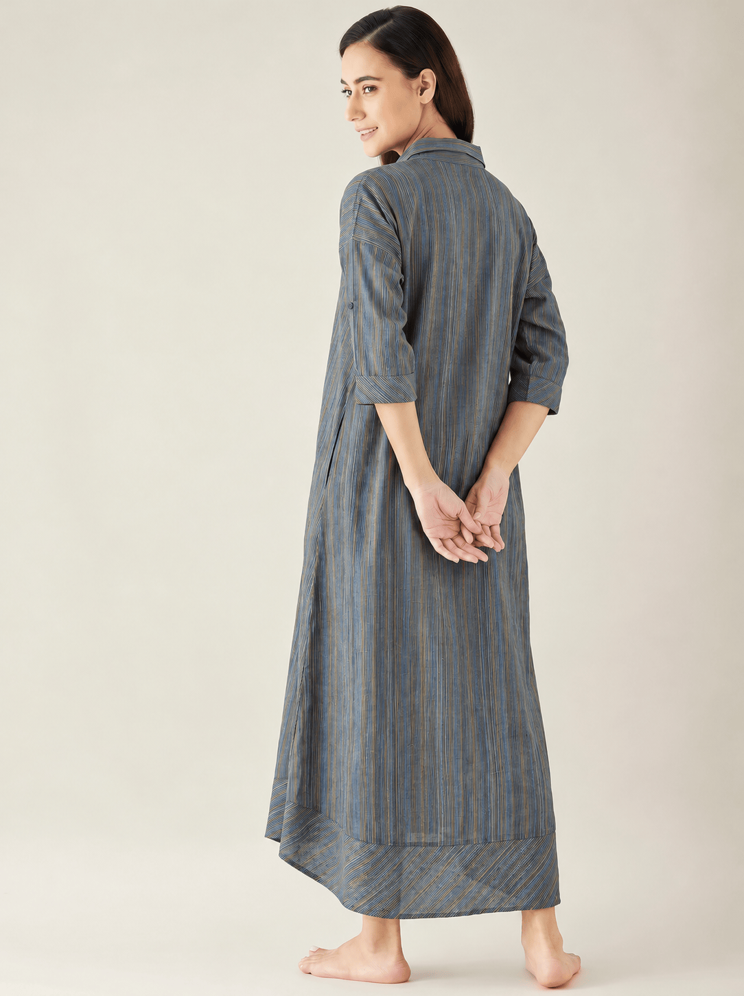 The Kaftan Company Nightdress Grey Striped Cotton Shirt Nightdress with High-Low Hem