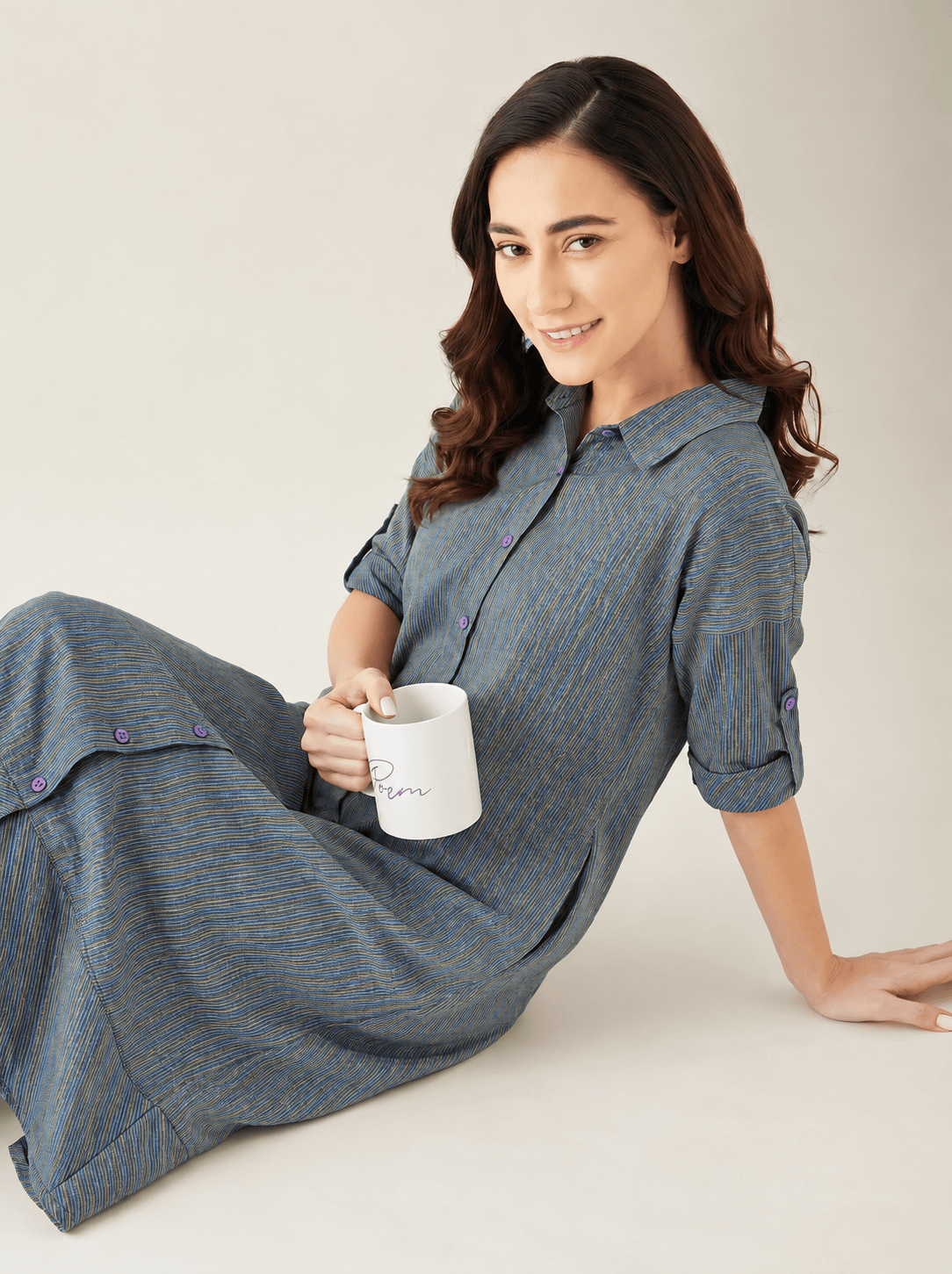 The Kaftan Company Nightdress Grey Striped Cotton Shirt Nightdress with High-Low Hem