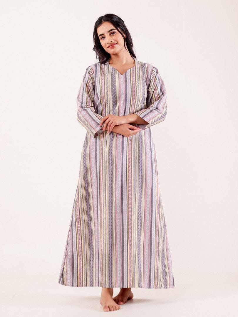 The Kaftan Company Nightdress Grey Striped Printed Thick Cotton Nightdress
