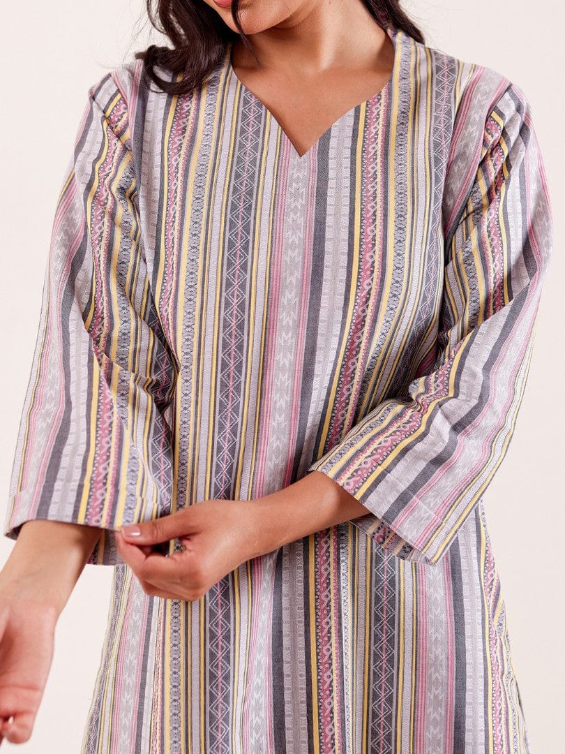 The Kaftan Company Nightdress Grey Striped Printed Thick Cotton Nightdress