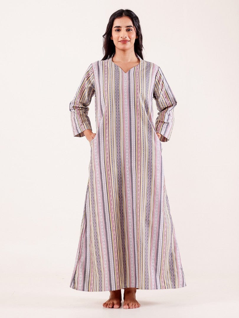 The Kaftan Company Nightdress Grey Striped Printed Thick Cotton Nightdress