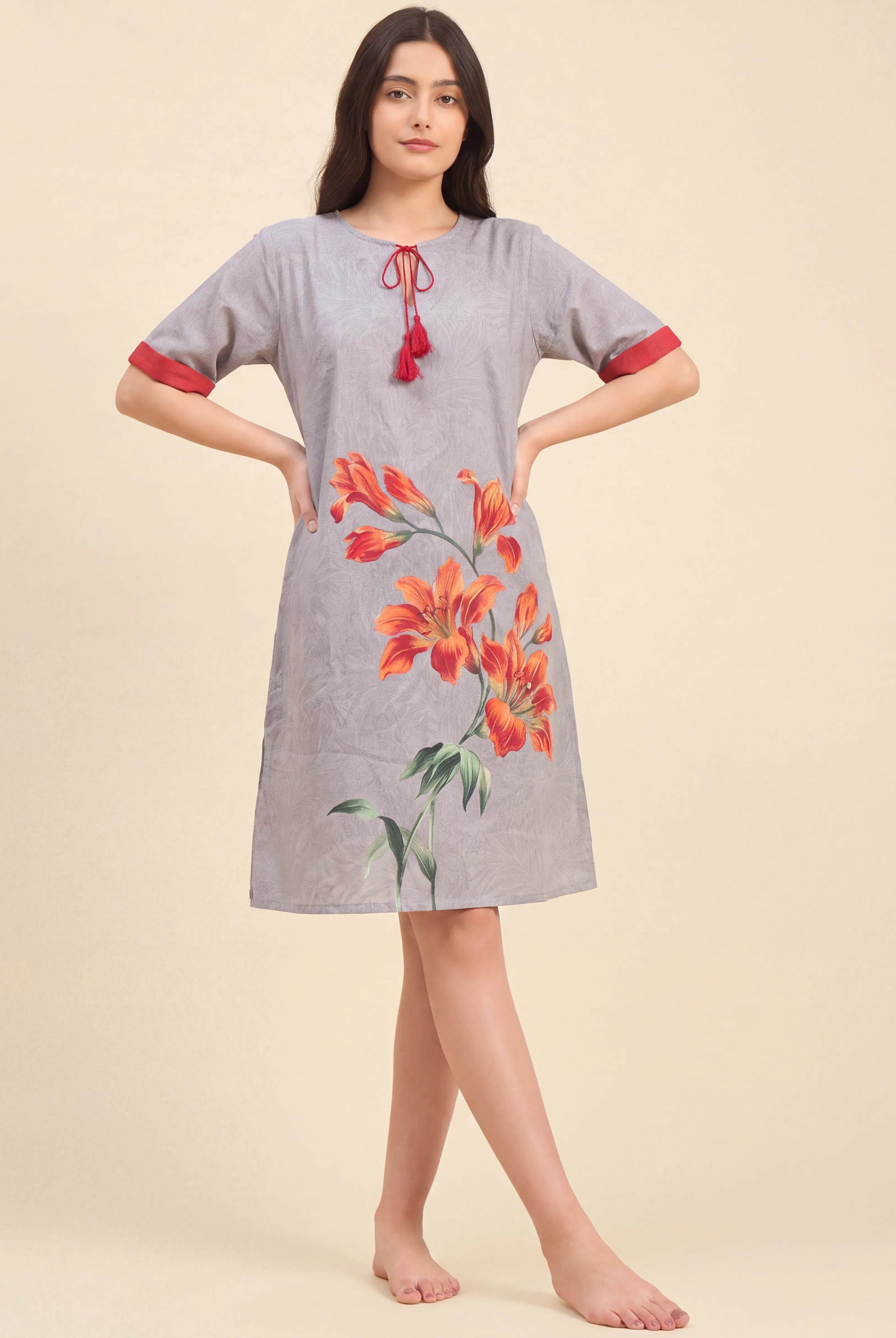 The Kaftan Company Nightdress Grey Textured Nightdress with Statement Lily Print and Red Tassel Tie