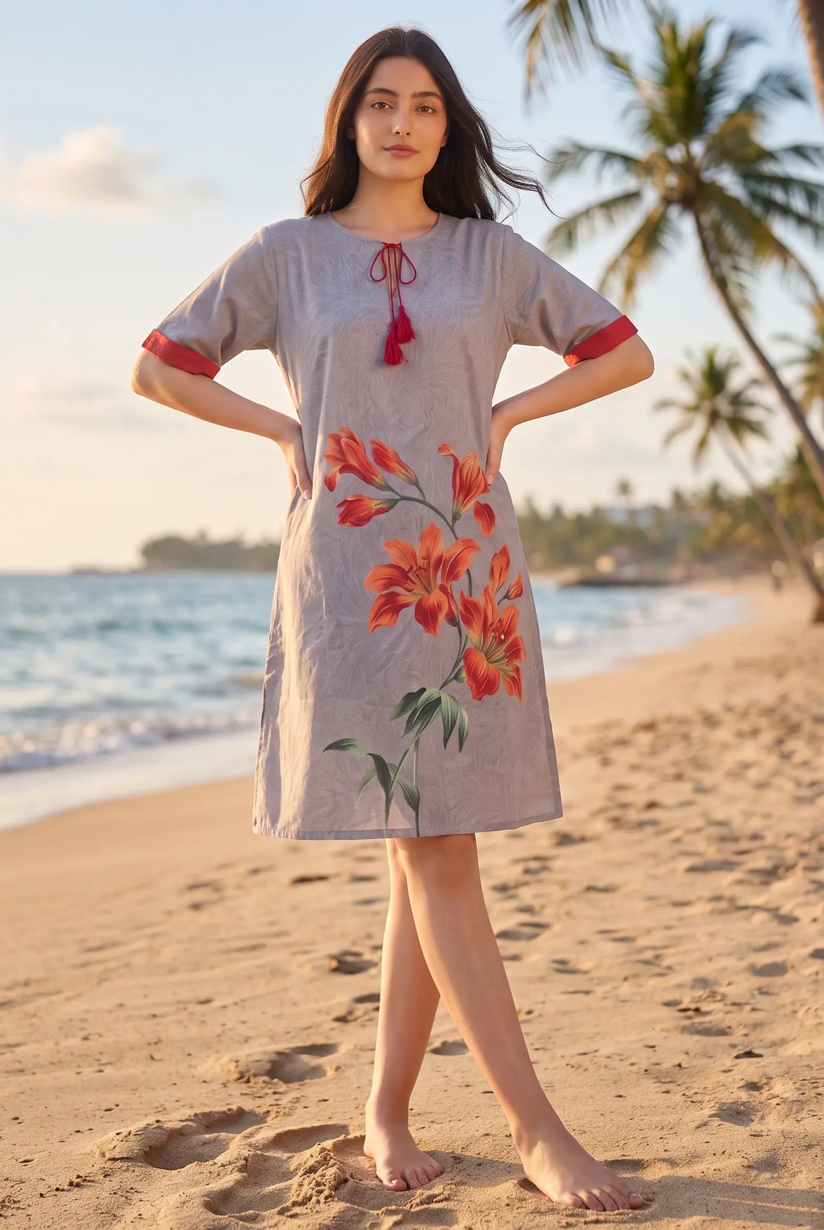 The Kaftan Company Nightdress Grey Textured Nightdress with Statement Lily Print and Red Tassel Tie