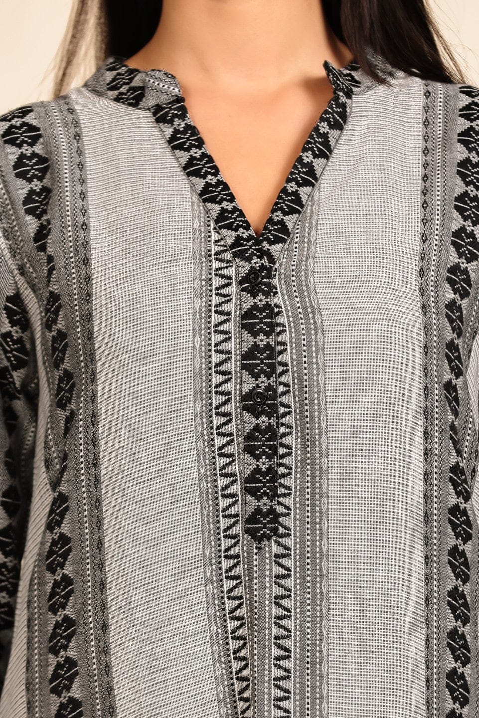 The Kaftan Company Nightdress Grey Tribal Print Cotton Nighty with Embroidered Neckline
