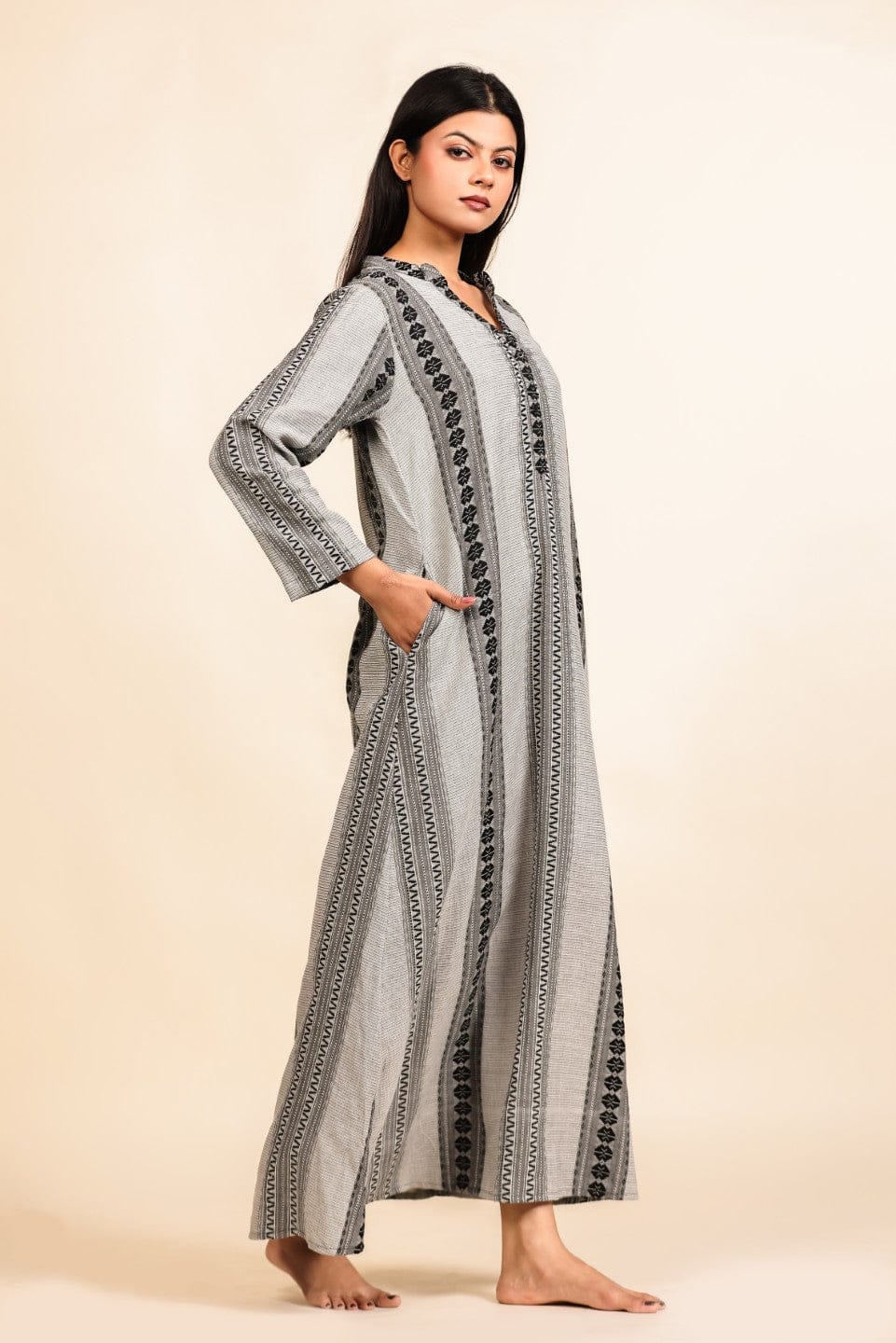 The Kaftan Company Nightdress Grey Tribal Print Cotton Nighty with Embroidered Neckline