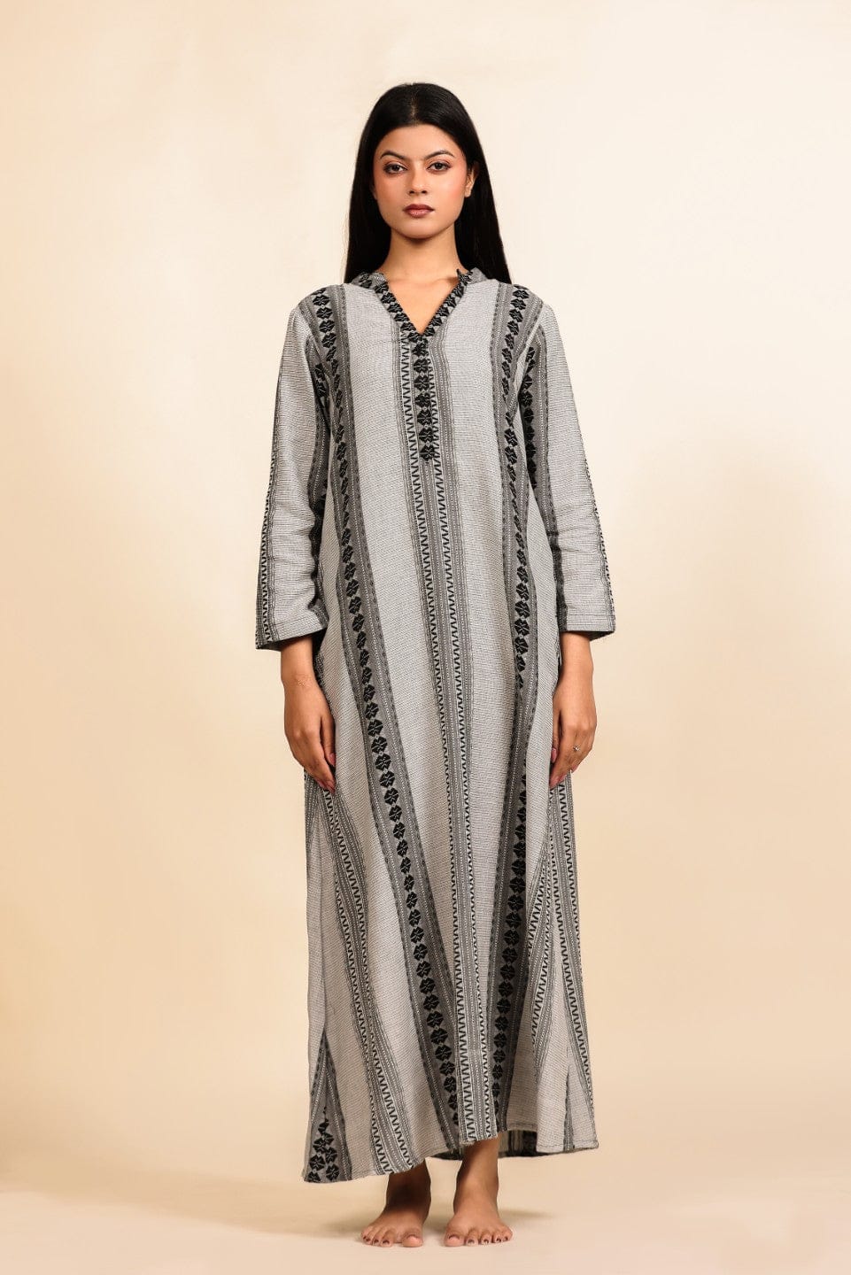 The Kaftan Company Nightdress Grey Tribal Print Cotton Nighty with Embroidered Neckline