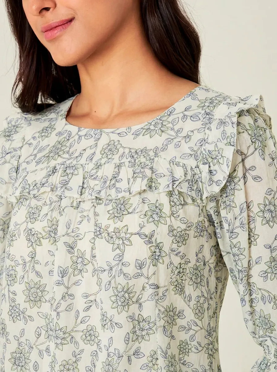 The Kaftan Company Nightdress Ivory and Sage Floral Print Viscose Nightdress with Lace-Trimmed Yoke