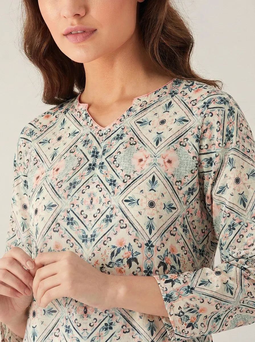 The Kaftan Company Nightdress Ivory Diamond Print Nightdress with Floral Border