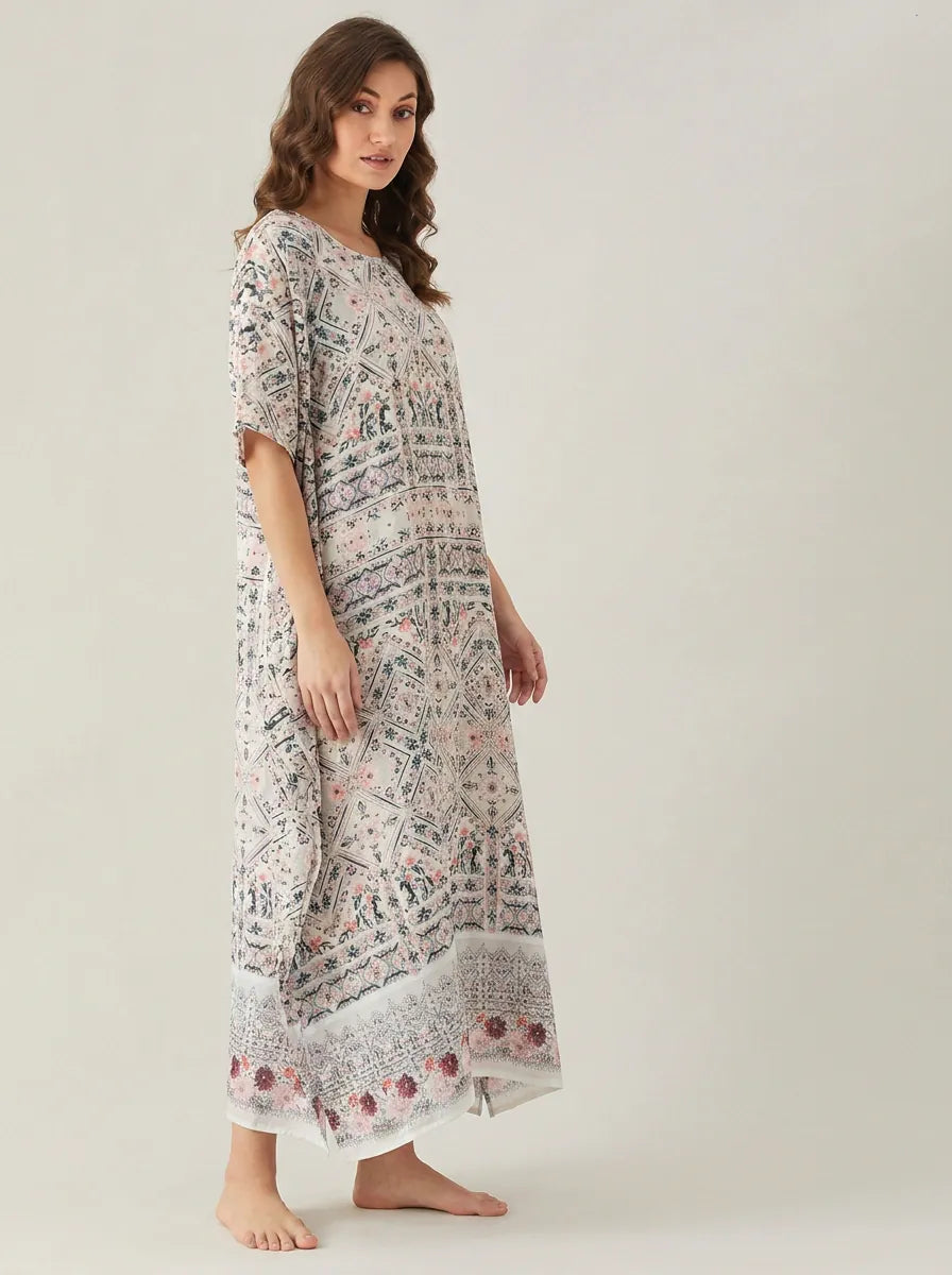 The Kaftan Company Nightdress Ivory Diamond Print Nightdress with Floral Border