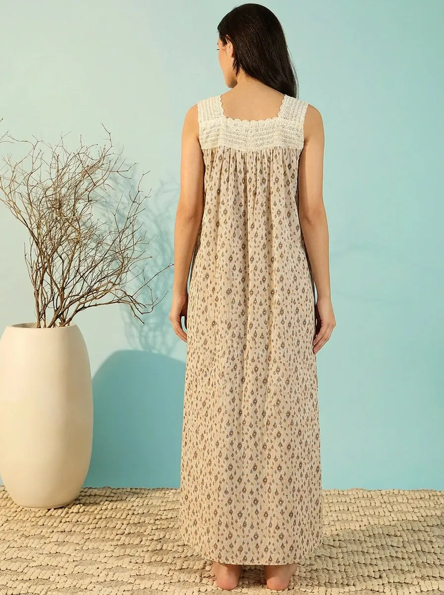 The Kaftan Company Nightdress Ivory Floral Print Cotton Nightdress with Lace Yoke and Button Placket