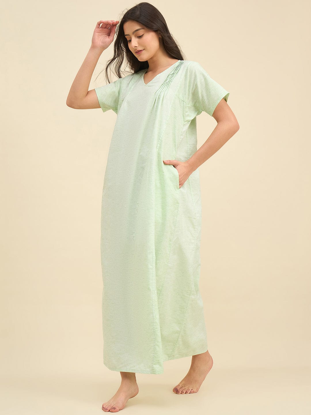 The Kaftan Company Nightdress Light Green Cotton Viscose Blend Nightdress – Soft Pleated Yoke & Side Pockets