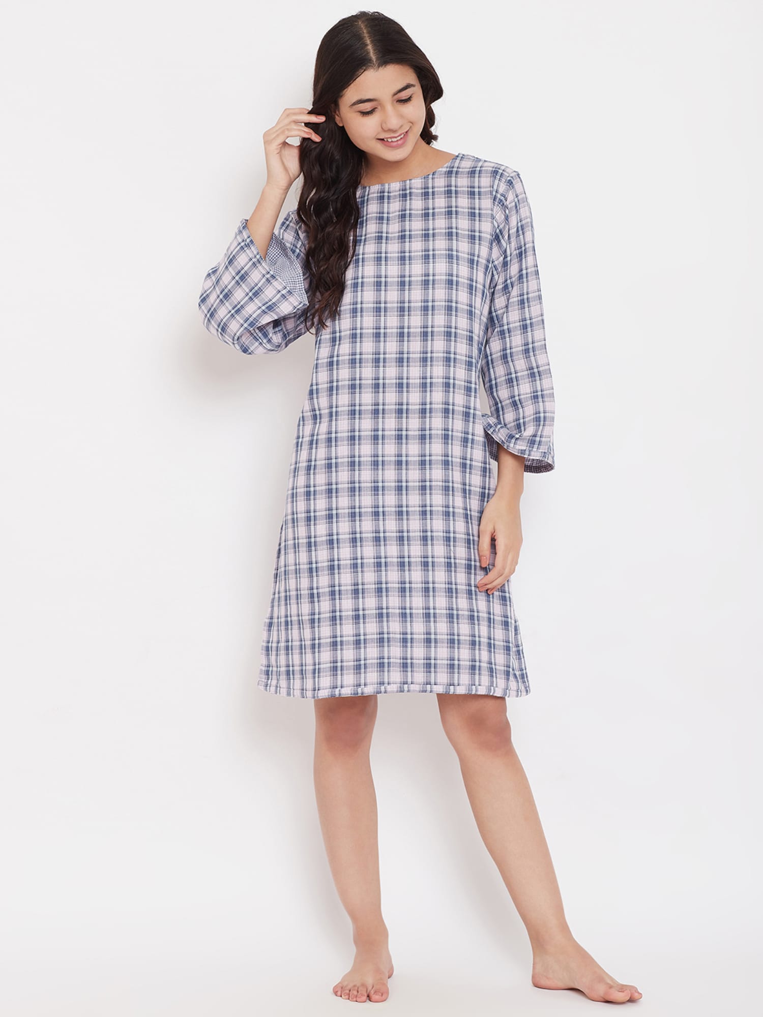 The Kaftan Company Nightdress Light Pink and Blue Cotton Checks Short Nightdress