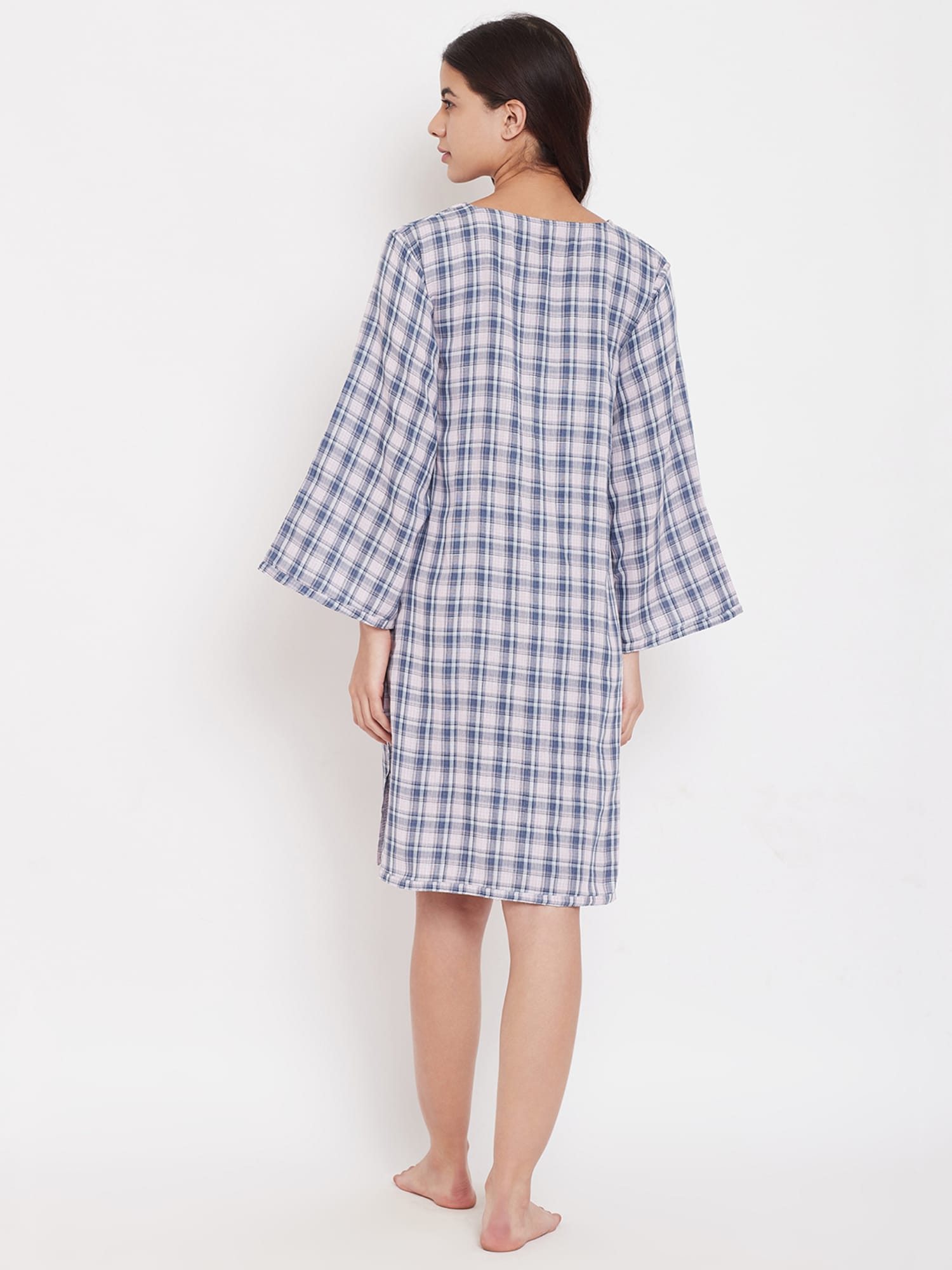 The Kaftan Company Nightdress Light Pink and Blue Cotton Checks Short Nightdress