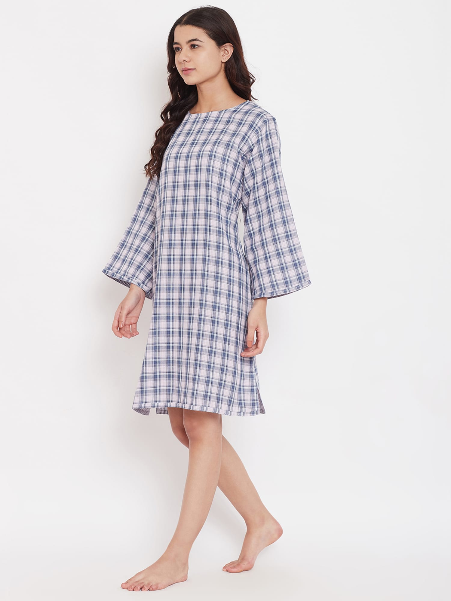The Kaftan Company Nightdress Light Pink and Blue Cotton Checks Short Nightdress