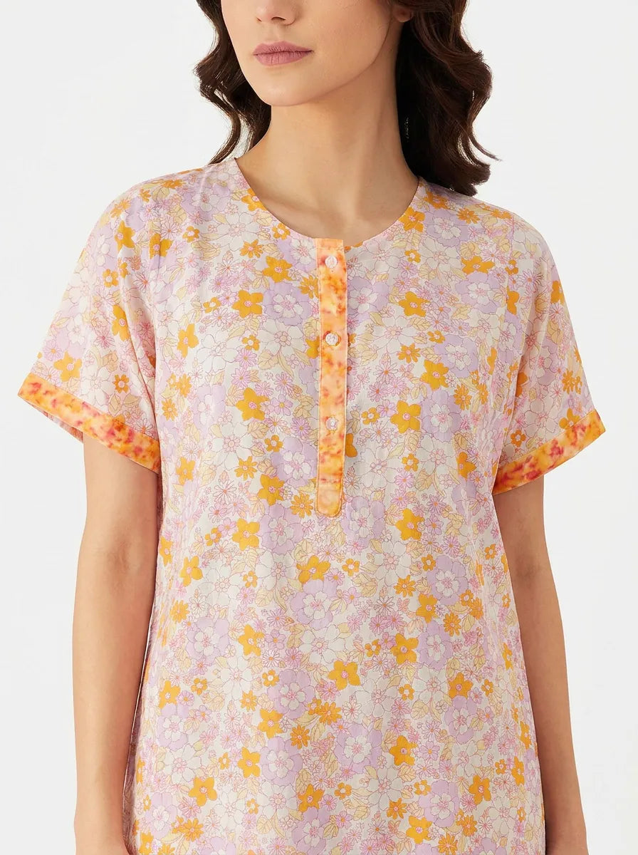 The Kaftan Company Nightdress Lilac and Yellow Floral Print Cotton Nightdress with Button Placket