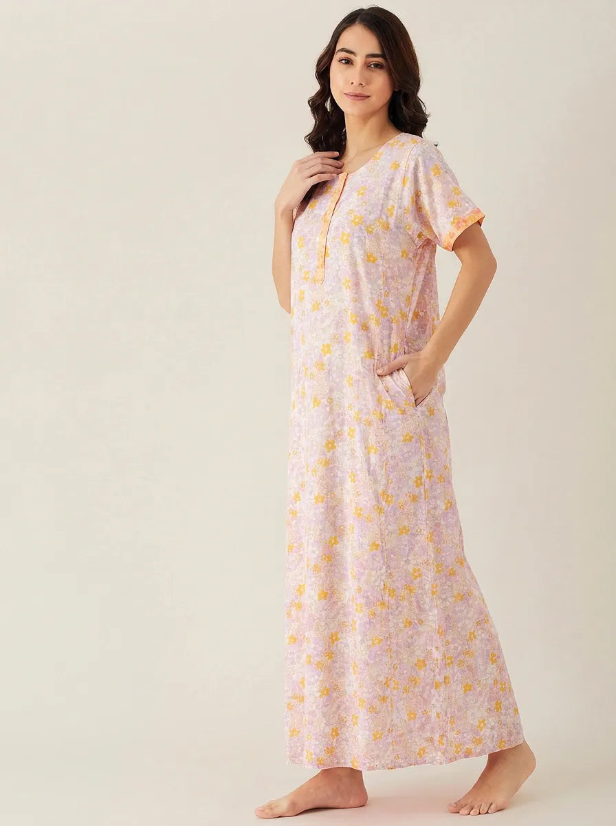 The Kaftan Company Nightdress Lilac and Yellow Floral Print Cotton Nightdress with Button Placket